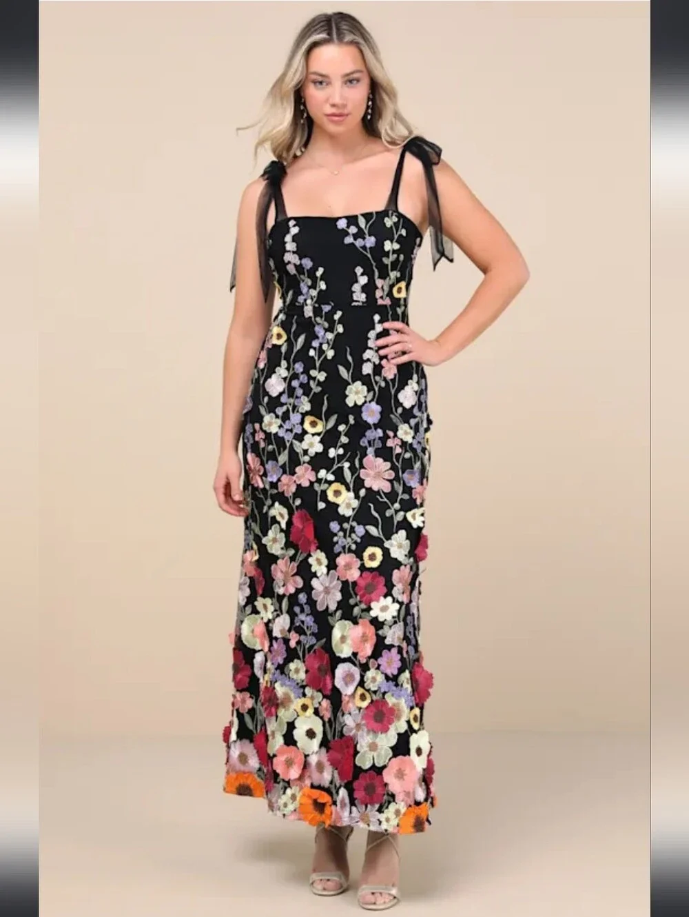 Lulus Thriving Poise Black 3D Floral Embroidered Tie-Strap Maxi Dress - Picture 10 of 16